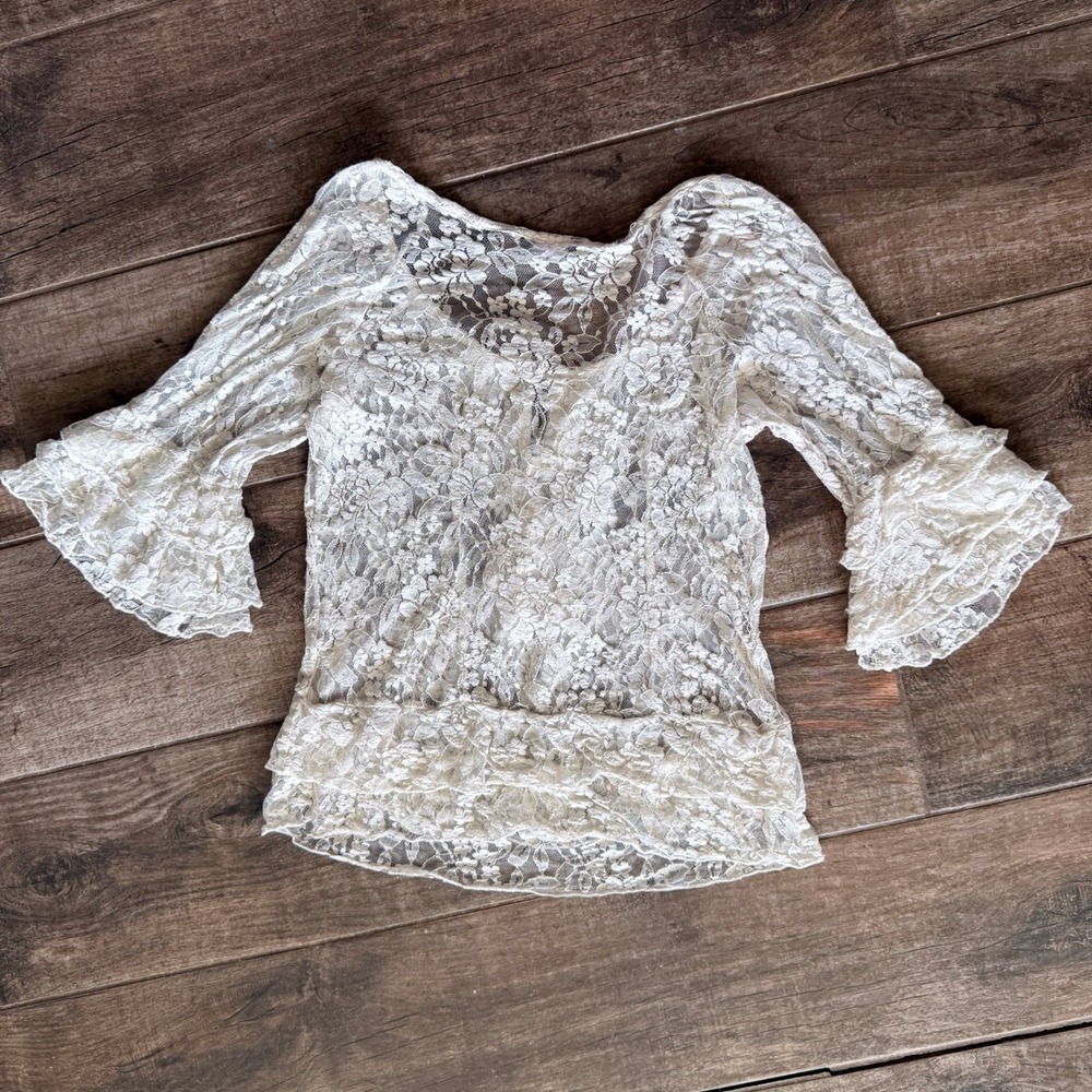 New York & Company Vintage Whimsigoth Tie Front Bell Sleeve Lace Blouse, Ivory,M - Picture 5 of 11